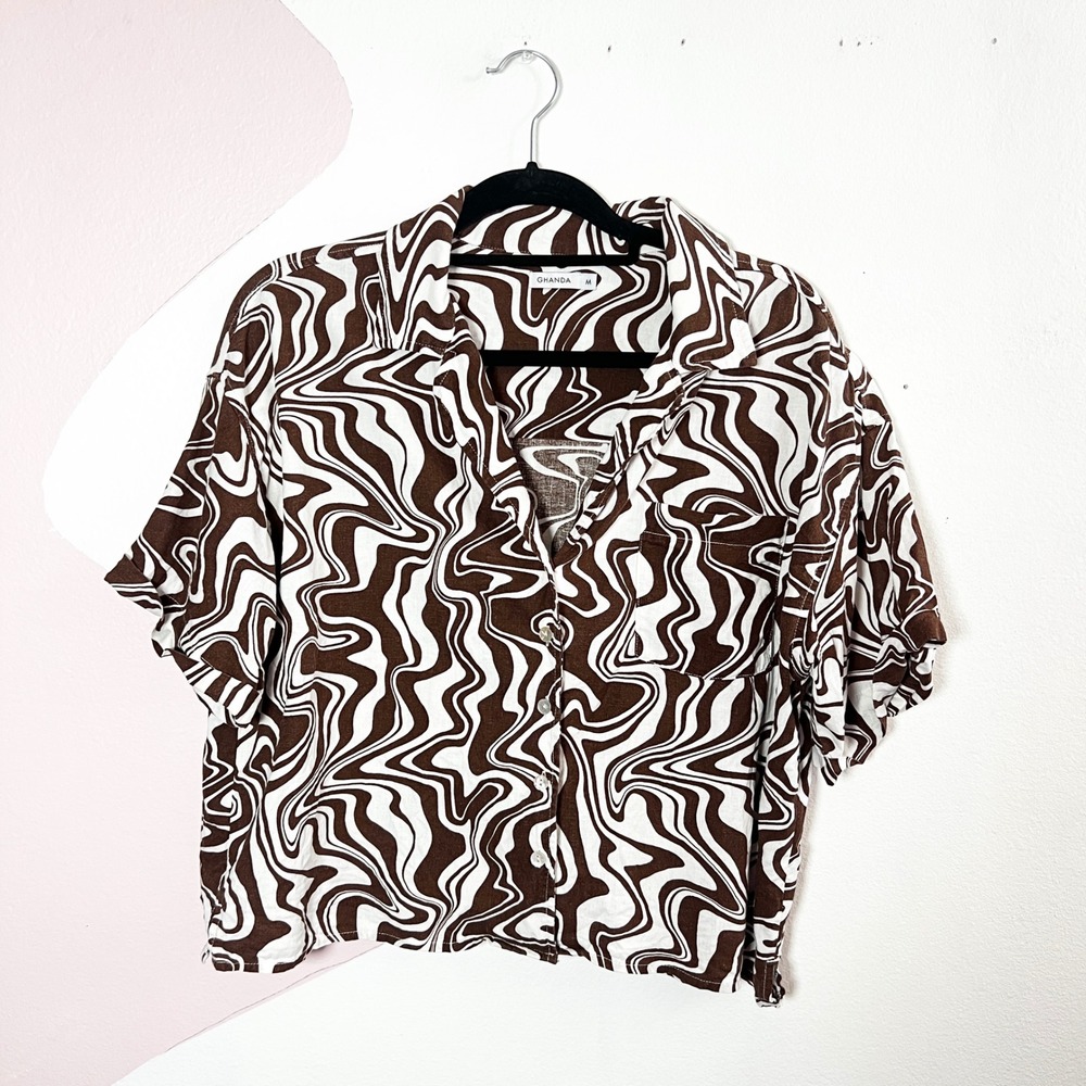 Ghanda Psychedelic Swirl Linen Blend Camp Shirt Womens Medium‎